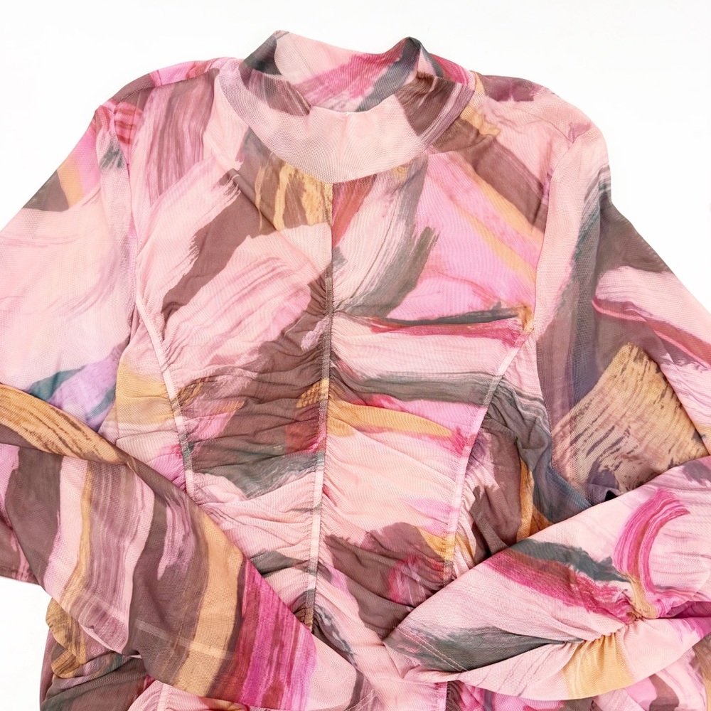 Anthropologie Long Sleeve Printed Mesh Midi Maxi Dress Ruched Mock Neck - Picture 6 of 16